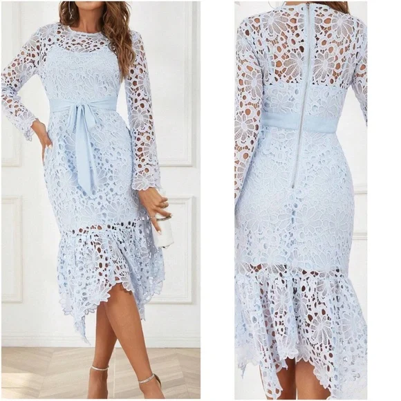 Luxe Floral Lace Belted Mermaid Hem Summer Formal Dress - Picture 3 of 5